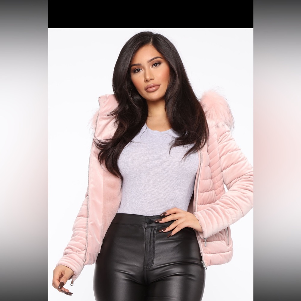Pink velvet puffer coat with fur hood